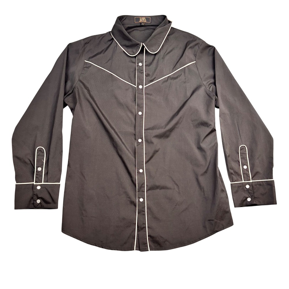 Lucky & Blessed Womens Black Western Snap Shirt White Piping Yoke Large 0926
